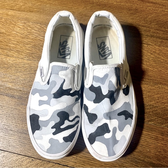 Vans Shoes - Vans Shoes Womens 9 Men’s 7.5 Grey White Black Camo Camouflage Slip On Sneakers